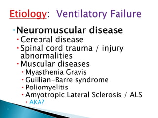 ◦Neuromuscular disease
Cerebral disease
Spinal cord trauma / injury
abnormalities
Muscular diseases
 Myasthenia Gravis
 Guillian-Barre syndrome
 Poliomyelitis
 Amyotropic Lateral Sclerosis / ALS
 AKA?

 