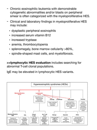 - Chronic eosinophilic leukemia with demonstrable
cytogenetic abnormalities and/or blasts on peripheral
smear is often categorized with the myeloproliferative HES.
- Clinical and laboratory
fi
ndings in myeloproliferative HES
may include:
• dysplastic peripheral eosinophils
• increased serum vitamin B12
• increased tryptase
• anemia, thrombocytopenia
• splenomegaly, bone marrow cellularity >80%,
• spindle-shaped mast cells, and myelo
fi
brosis.
>>lymphocytic HES evaluation includes searching for
abnormal T-cell clonal populations.
IgE may be elevated in lymphocytic HES variants.
 
