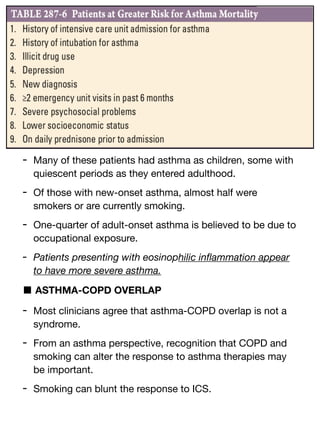 - Many of these patients had asthma as children, some with
quiescent periods as they entered adulthood.
- Of those with new-onset asthma, almost half were
smokers or are currently smoking.
- One-quarter of adult-onset asthma is believed to be due to
occupational exposure.
- Patients presenting with eosinophilic in
fl
ammation appear
to have more severe asthma.
■ ASTHMA-COPD OVERLAP
- Most clinicians agree that asthma-COPD overlap is not a
syndrome.
- From an asthma perspective, recognition that COPD and
smoking can alter the response to asthma therapies may
be important.
- Smoking can blunt the response to ICS.
 