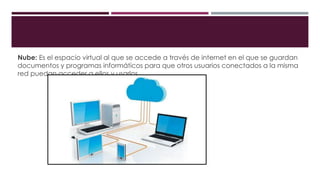 Nube: Es el espacio virtual al que se accede a través de internet en el que se guardan
documentos y programas informáticos para que otros usuarios conectados a la misma
red puedan acceder a ellos y usarlos.
 