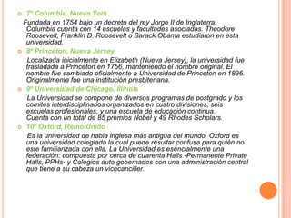 7º Columbia, Nueva York
Fundada en 1754 bajo un decreto del rey Jorge II de Inglaterra,
Columbia cuenta con 14 escuelas y facultades asociadas. Theodore
Roosevelt, Franklin D. Roosevelt o Barack Obama estudiaron en esta
universidad.
 8º Princeton, Nueva Jersey
Localizada inicialmente en Elizabeth (Nueva Jersey), la universidad fue
trasladada a Princeton en 1756, manteniendo el nombre original. El
nombre fue cambiado oficialmente a Universidad de Princeton en 1896.
Originalmente fue una institución presbiteriana.
 9º Universidad de Chicago, Illinois
La Universidad se compone de diversos programas de postgrado y los
comités interdisciplinarios organizados en cuatro divisiones, seis
escuelas profesionales, y una escuela de educación continua.
Cuenta con un total de 85 premios Nobel y 49 Rhodes Scholars.
 10º Oxford, Reino Unido
Es la universidad de habla inglesa más antigua del mundo. Oxford es
una universidad colegiada la cual puede resultar confusa para quién no
este familiarizada con ella. La Universidad es esencialmente una
federación: compuesta por cerca de cuarenta Halls -Permanente Private
Halls, PPHs- y Colegios auto gobernados con una administración central
que tiene a su cabeza un vicecanciller.


 