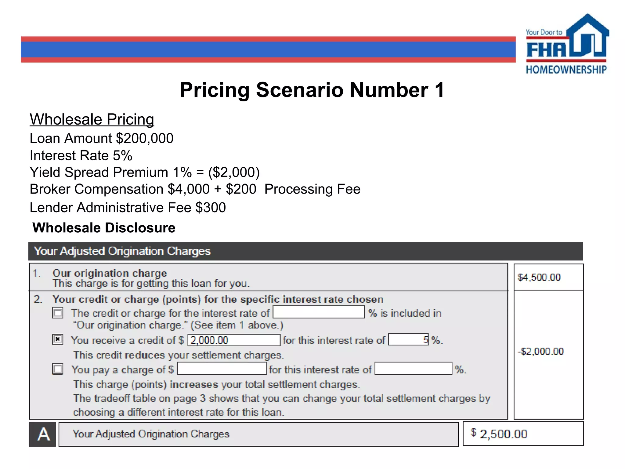 Pricing Scenario Number 1 Wholesale Pricing Loan Amount $200,000 Interest Rate 5%  Yield Spread Premium 1% = ($2,000) Broker Compensation $4,000 + $200  Processing Fee Lender Administrative Fee $300 Wholesale Disclosure 