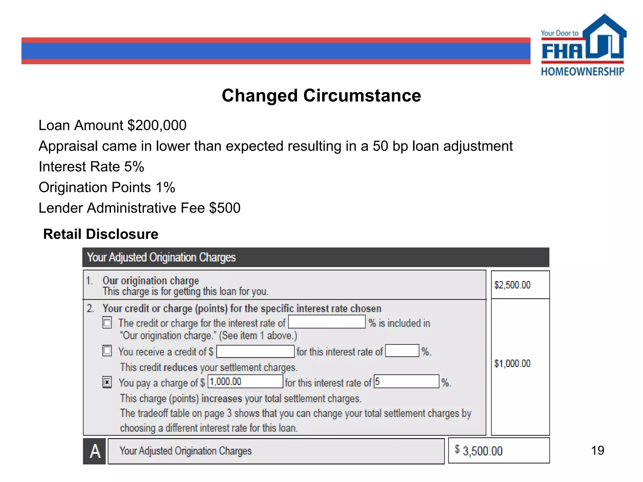 Changed Circumstance Loan Amount $200,000 Appraisal came in lower than expected resulting in a 50 bp loan adjustment Interest Rate 5% Origination Points 1% Lender Administrative Fee $500 Retail Disclosure 