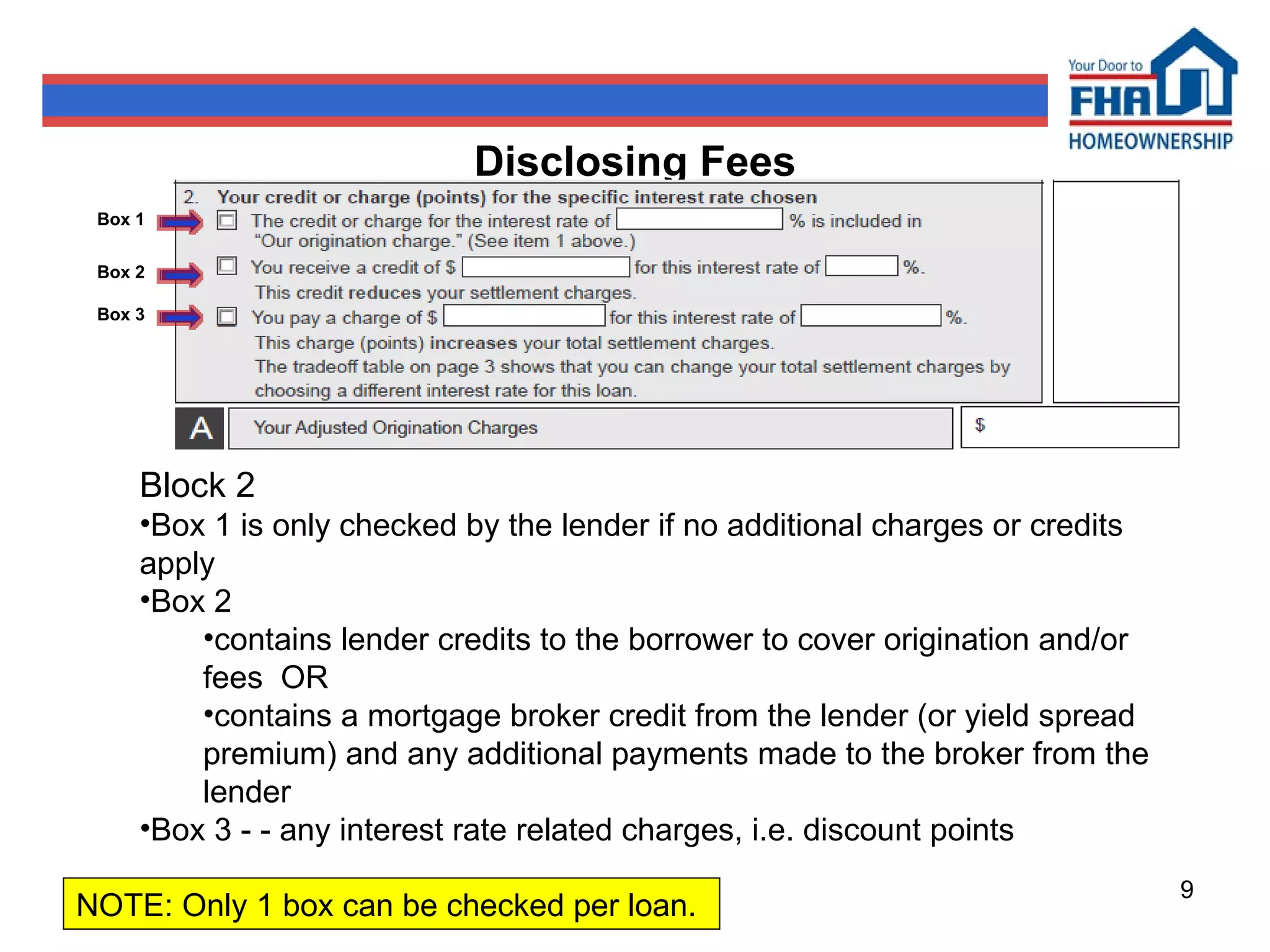 Disclosing Fees Block 2 Box 1 is only checked by the lender if no additional charges or credits apply Box 2  contains lender credits to the borrower to cover origination and/or fees  OR contains a mortgage broker credit from the lender (or yield spread premium) and any additional payments made to the broker from the lender Box 3 - - any interest rate related charges, i.e. discount points Box 2  Box 3  Box 1  NOTE: Only 1 box can be checked per loan.  