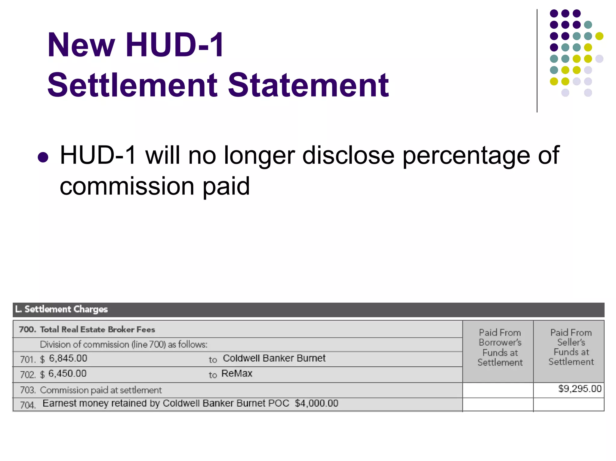 New HUD-1
Settlement Statement

HUD-1 will no longer disclose percentage of
commission paid
 