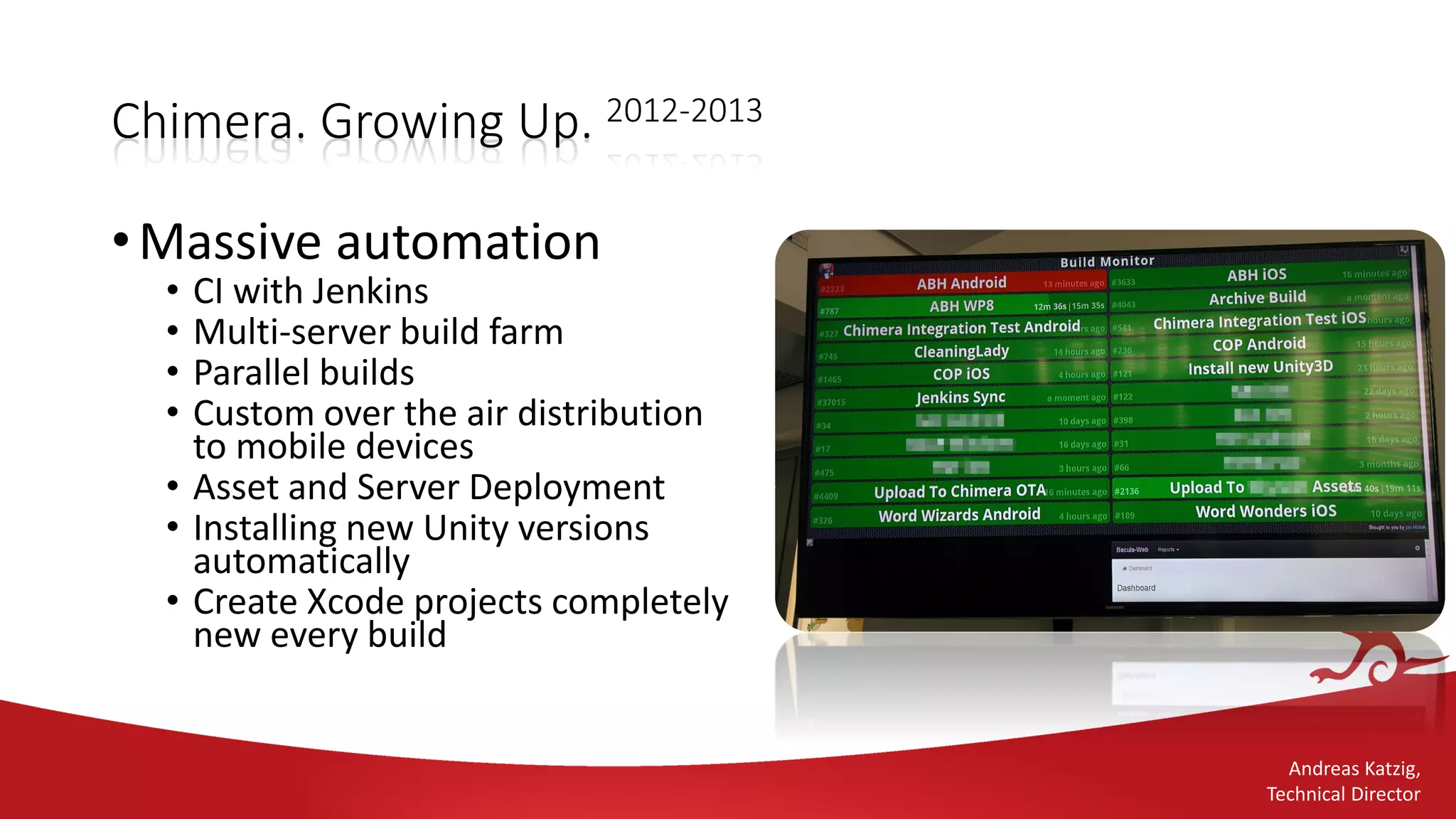 Andreas Katzig,
Technical Director
Chimera. Growing Up. 2012-2013
•Massive automation
• CI with Jenkins
• Multi-server build farm
• Parallel builds
• Custom over the air distribution
to mobile devices
• Asset and Server Deployment
• Installing new Unity versions
automatically
• Create Xcode projects completely
new every build
 