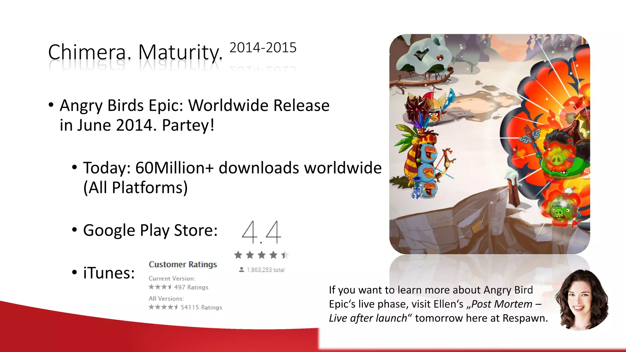 Andreas Katzig,
Technical Director
Chimera. Maturity. 2014-2015
• Angry Birds Epic: Worldwide Release
in June 2014. Partey!
• Today: 60Million+ downloads worldwide
(All Platforms)
• Google Play Store:
• iTunes:
If you want to learn more about Angry Bird
Epic‘s live phase, visit Ellen‘s „Post Mortem –
Live after launch“ tomorrow here at Respawn.
 