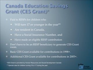 Paid to RESPs for children who Will turn 17 or younger in the year** Are resident in Canada, Have a Social Insurance Number, and Have made an eligible RESP contribution Don’t have to be an RESP beneficiary to generate CES Grant room.  Basic CES Grant available for contributions in 1998+.  Additional CES Grant available for contributions in 2005+. *CES Grant is provided by Human Resources and Social Development Canada ** Special rules for children turning 16 or 17 during the year 