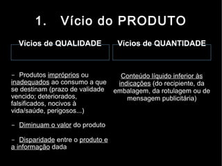 1.      Vício do PRODUTO
  Vícios de QUALIDADE              Vícios de QUANTIDADE


- Produtos impróprios ou            Conteúdo líquido inferior às
inadequados ao consumo a que       indicações (do recipiente, da
se destinam (prazo de validade    embalagem, da rotulagem ou de
vencido; deteriorados,                mensagem publicitária)
falsificados, nocivos à
vida/saúde, perigosos...)

- Diminuam o valor do produto

- Disparidade entre o produto e
a informação dada
 