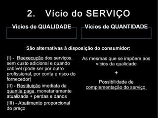 2.       Vício do SERVIÇO
  Vícios de QUALIDADE                 Vícios de QUANTIDADE


         São alternativas à disposição do consumidor:

(I) - Reexecução dos serviços,       As mesmas que se impõem aos
sem custo adicional e quando              vícios da qualidade
cabível (pode ser por outro
profissional, por conta e risco do                +
fornecedor)
                                           Possibilidade de
(II) - Restituição imediata da        complementação do serviço
quantia paga, monetariamente
atualizada + perdas e danos
(III) - Abatimento proporcional
do preço
 
