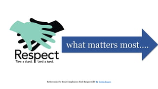 what matters most….
Reference: Do Your Employees Feel Respected? By Kristie Rogers
 