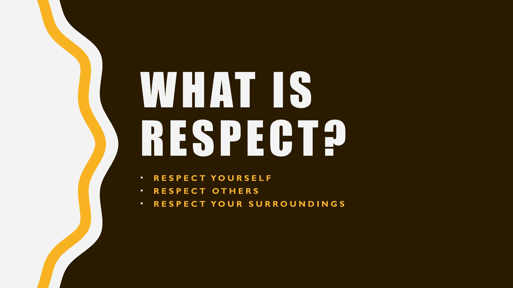 WHAT IS
RESPECT?
• R E S P E C T Y O U R S E L F
• R E S P E C T O T H E R S
• R E S P E C T Y O U R S U R R O U N D I N G S
 