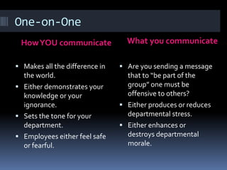 One-on-One
HowYOU communicate What you communicate
 Makes all the difference in
the world.
 Either demonstrates your
knowledge or your
ignorance.
 Sets the tone for your
department.
 Employees either feel safe
or fearful.
 Are you sending a message
that to “be part of the
group” one must be
offensive to others?
 Either produces or reduces
departmental stress.
 Either enhances or
destroys departmental
morale.
 