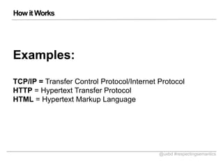 How it Works

Examples:
TCP/IP = Transfer Control Protocol/Internet Protocol
HTTP = Hypertext Transfer Protocol
HTML = Hypertext Markup Language

@uxbd #respectingsemantics

 