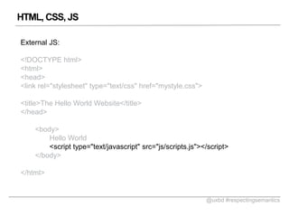 HTML, CSS, JS
External JS:
<!DOCTYPE html>
<html>
<head>
<link rel="stylesheet" type="text/css" href="mystyle.css">

<title>The Hello World Website</title>
</head>
<body>
Hello World
<script type="text/javascript" src=/slideshow/respecting-semantics/28451261/"js/scripts.js"></script>
</body>
</html>

@uxbd #respectingsemantics

 
