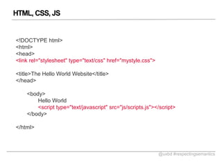HTML, CSS, JS

<!DOCTYPE html>
<html>
<head>
<link rel="stylesheet" type="text/css" href="mystyle.css">
<title>The Hello World Website</title>
</head>
<body>
Hello World
<script type="text/javascript" src=/slideshow/respecting-semantics/28451261/"js/scripts.js"></script>
</body>

</html>

@uxbd #respectingsemantics

 