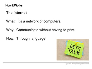 How it Works

The Internet
What: Its a network of computers.
Why: Communicate without having to print.

How: Through language

@uxbd #respectingsemantics

 
