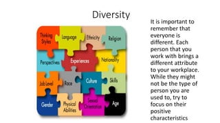 Diversity
It is important to
remember that
everyone is
different. Each
person that you
work with brings a
different attribute
to your workplace.
While they might
not be the type of
person you are
used to, try to
focus on their
positive
characteristics
 
