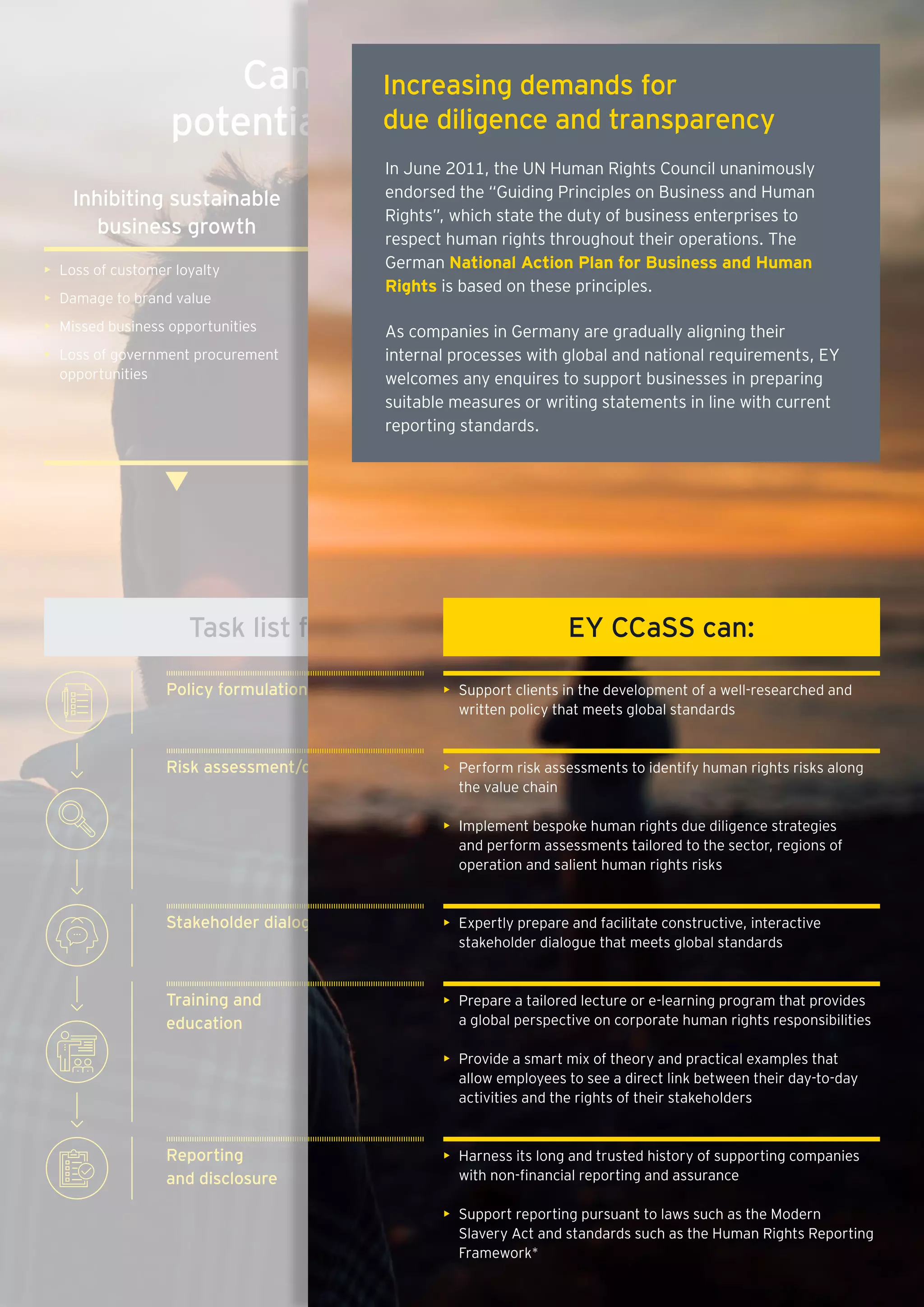 Can you afford to ignore
potential human rights impacts?
Task list for globally competitive companies
Inhibiting sustainable
business growth
• Loss of customer loyalty
• Damage to brand value
• Missed business opportunities
• Loss of government procurement
opportunities
Compliance
risks
• New laws, e.g., in the UK and France.
Possible legal action in Germany
following the NAP process
• The Modern Slavery Act and the
California Supply Chains
Transparency Act require increased
visibility of supply chain conditions
• Increased scrutiny by
regulatory bodies
Financial
risks
• Reduced access to finance and
responsible investment
• Regulatory fines
• Desertion by customers and
employees
• Negative NGO/media campaigns
Reporting
and disclosure
• Meet increasing demands for transparency from customers,
potential investors and ranking initiatives on the company’s
human rights challenges and initiatives currently underway
Training and
education
• Offer dynamic human rights education that inspires
and empowers employees
• Build capacity to identify and manage potential human
rights impacts
Stakeholder dialogue • Communicate with stakeholders to receive valuable
feedback on policies, potential impacts and reports,
and to build positive relationships
Risk assessment/due diligence • Identify and assess actual and potential human rights
impacts in domestic and overseas operations along your
entire value chain
• Integrate and act on these findings, tracking responses
and communicating how impacts are addressed
Policy formulation • Prepare a publically available human rights policy in line
with the UN Guiding principles
* The world’s first comprehensive reporting guidance for companies released in 2015
EY CCaSS can:
Increasing demands for
due diligence and transparency
In June 2011, the UN Human Rights Council unanimously
endorsed the “Guiding Principles on Business and Human
Rights”, which state the duty of business enterprises to
respect human rights throughout their operations. The
German National Action Plan for Business and Human
Rights is based on these principles.
As companies in Germany are gradually aligning their
internal processes with global and national requirements, EY
welcomes any enquires to support businesses in preparing
suitable measures or writing statements in line with current
reporting standards.
• Support clients in the development of a well-researched and
written policy that meets global standards
• Perform risk assessments to identify human rights risks along
the value chain
• Implement bespoke human rights due diligence strategies
and perform assessments tailored to the sector, regions of
operation and salient human rights risks
• Expertly prepare and facilitate constructive, interactive
stakeholder dialogue that meets global standards
• Prepare a tailored lecture or e-learning program that provides
a global perspective on corporate human rights responsibilities
• Provide a smart mix of theory and practical examples that
allow employees to see a direct link between their day-to-day
activities and the rights of their stakeholders
• Harness its long and trusted history of supporting companies
with non-financial reporting and assurance
• Support reporting pursuant to laws such as the Modern
Slavery Act and standards such as the Human Rights Reporting
Framework*
 