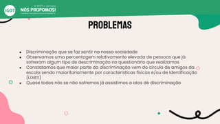 Problemas
● Discriminação que se faz sentir na nossa sociedade
● Observamos uma percentagem relativamente elevada de pessoas que já
sofreram algum tipo de descriminação no questionário que realizamos
● Constatamos que maior parte da discriminação vem do circulo de amigos da
escola sendo maioritariamente por características físicas e/ou de identificação
(LGBTI)
● Quase todos nós se não sofremos já assistimos a atos de discriminação
 