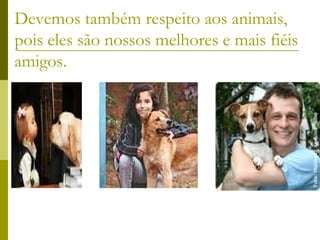 Devemos também respeito aos animais,
pois eles são nossos melhores e mais fiéis
amigos.
 