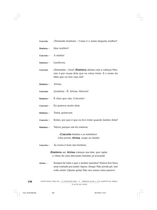 238
O A U T O D O C I R C O
R E S P E I TÁV E L P Ú B L I C O . . . O C I R C O E M C E N A N E R M I N I A S I LVA e L U Í S A L B E R T O D E A B R E U
CoscorãoCoscorãoCoscorãoCoscorãoCoscorão (Tentando lembrar) – Como é o nome daquela mulher?
XimbevaXimbevaXimbevaXimbevaXimbeva – Que mulher?
CoscorãoCoscorãoCoscorãoCoscorãoCoscorão – A minha!
XimbevaXimbevaXimbevaXimbevaXimbeva – Laodiceia.
CoscorãoCoscorãoCoscorãoCoscorãoCoscorão (Estranha) – Jura? (XimbevaXimbevaXimbevaXimbevaXimbeva afirma com a cabeça) Não,
não é por causa dela que eu estou triste. E o nome da
filha que eu tive com ela?
XimbevaXimbevaXimbevaXimbevaXimbeva – Alvina.
CoscorãoCoscorãoCoscorãoCoscorãoCoscorão (Lembra) – É, Alvina. Morreu?
XimbevaXimbevaXimbevaXimbevaXimbeva – É claro que não, Coscorão!
CoscorãoCoscorãoCoscorãoCoscorãoCoscorão – Eu gostava muito dela.
XimbevaXimbevaXimbevaXimbevaXimbeva – Todos gostavam.
CoscorãoCoscorãoCoscorãoCoscorãoCoscorão – Então, por que é que eu fico triste quando lembro dela?
XimbevaXimbevaXimbevaXimbevaXimbeva – Talvez porque ela foi embora.
(CoscorãoCoscorãoCoscorãoCoscorãoCoscorão lembra e se entristece.
Uma jovem, AlvinaAlvinaAlvinaAlvinaAlvina, surge ao fundo)
CoscorãoCoscorãoCoscorãoCoscorãoCoscorão – Às vezes é bom não lembrar.
(XimbevaXimbevaXimbevaXimbevaXimbeva sai. AlvinaAlvinaAlvinaAlvinaAlvina começa sua fala, que capta
o clima de uma discussão familiar já acirrada)
AlvinaAlvinaAlvinaAlvinaAlvina – Sempre fiz tudo o que o senhor mandou! Nunca tive boca
nem vontade pra nada! Agora, chega! Não arredo pé, não
volto atrás! (Quase grita) Não sou sonsa como parece!
Circo 18 08 2009.p65 29/10/2010, 10:44238
 