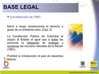  Constitución de 1991:
Elevó a rango constitucional el derecho a
gozar de un ambiente sano. (Cap. 3)
La Constitución Política de Colombia le
asigna al Estado al igual que a todas las
personas la obligación de proteger y
conservar los recursos naturales de la Nación
(1991).
Prohibió la introducción al país de desechos
tóxicos.
BASE LEGAL
 
