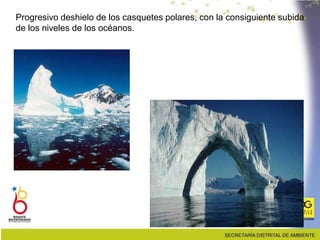Progresivo deshielo de los casquetes polares, con la consiguiente subida
de los niveles de los océanos.
 