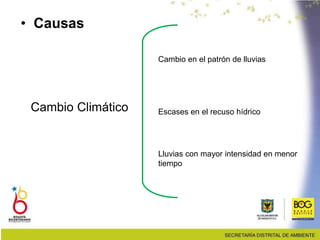 • Causas
Cambio Climático
Cambio en el patrón de lluvias
Escases en el recuso hídrico
Lluvias con mayor intensidad en menor
tiempo
 