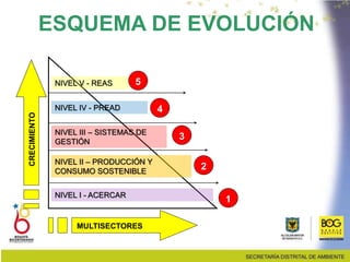 ESQUEMA DE EVOLUCIÓN
NIVEL I - ACERCAR
NIVEL II – PRODUCCIÓN Y
CONSUMO SOSTENIBLE
NIVEL III – SISTEMAS DE
GESTIÓN
NIVEL IV - PREAD
NIVEL V - REAS
CRECIMIENTO
MULTISECTORES
1
2
3
4
5
 