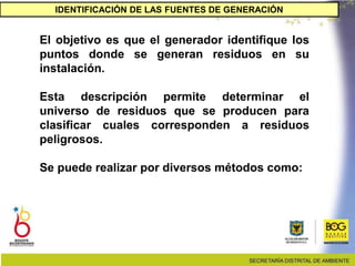 El objetivo es que el generador identifique los
puntos donde se generan residuos en su
instalación.
Esta descripción permite determinar el
universo de residuos que se producen para
clasificar cuales corresponden a residuos
peligrosos.
Se puede realizar por diversos métodos como:
IDENTIFICACIÓN DE LAS FUENTES DE GENERACIÓN
 