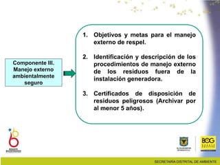 Componente III.
Manejo externo
ambientalmente
seguro
1. Objetivos y metas para el manejo
externo de respel.
2. Identificación y descripción de los
procedimientos de manejo externo
de los residuos fuera de la
instalación generadora.
3. Certificados de disposición de
residuos peligrosos (Archivar por
al menor 5 años).
 