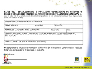 DATOS DEL ESTABLECIMIENTO Ó INSTALACIÓN GENERADOR(A) DE RESIDUOS O
DESECHOS PELIGROSOS (RESPEL) EN JURISDICCIÓN DE ESTA AUTORIDAD AMBIENTAL (En
caso de haber más de un establecimiento ó instalación en jurisdicción de esta autoridad ambiental por favor diligenciar este
cuadro para cada uno de ellos).
NOMBRE DEL ESTABLECIMIENTO Ó INSTALACION:
DEPARTAMENTO MUNICIPIO DIRECCIÓN
NOMBRE DE LA PERSONA PARA CONTACTAR TELÉFONO FAX
DESCRIPCION DETALLADA DE LA ACTIVIDAD ECONÓMICA PRINCIPAL DEL ESTABLECIMIENTO O
INSTALACIÓN:
CODIGO CIIU DE LA ACTIVIDAD PRINCIPAL (si lo conoce):
Me comprometo a actualizar la información suministrada en el Registro de Generadores de Residuos
Peligrosos, a más tardar el 31 de marzo de cada año.
Cordialmente,
________________________
FIRMA
NOMBRE
 