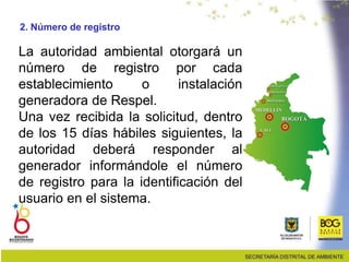 2. Número de registro
La autoridad ambiental otorgará un
número de registro por cada
establecimiento o instalación
generadora de Respel.
Una vez recibida la solicitud, dentro
de los 15 días hábiles siguientes, la
autoridad deberá responder al
generador informándole el número
de registro para la identificación del
usuario en el sistema.
 