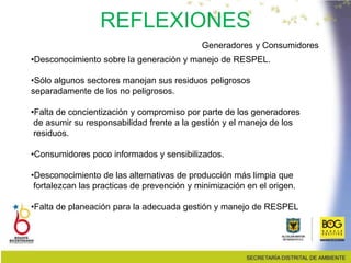 •Desconocimiento sobre la generación y manejo de RESPEL.
•Sólo algunos sectores manejan sus residuos peligrosos
separadamente de los no peligrosos.
•Falta de concientización y compromiso por parte de los generadores
de asumir su responsabilidad frente a la gestión y el manejo de los
residuos.
•Consumidores poco informados y sensibilizados.
•Desconocimiento de las alternativas de producción más limpia que
fortalezcan las practicas de prevención y minimización en el origen.
•Falta de planeación para la adecuada gestión y manejo de RESPEL
Generadores y Consumidores
REFLEXIONES
 