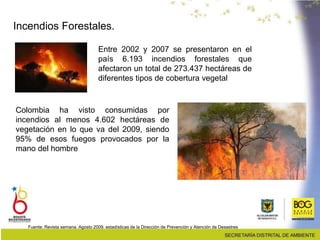 Incendios Forestales.
Entre 2002 y 2007 se presentaron en el
país 6.193 incendios forestales que
afectaron un total de 273.437 hectáreas de
diferentes tipos de cobertura vegetal
Fuente: Revista semana. Agosto 2009. estadísticas de la Dirección de Prevención y Atención de Desastres
Colombia ha visto consumidas por
incendios al menos 4.602 hectáreas de
vegetación en lo que va del 2009, siendo
95% de esos fuegos provocados por la
mano del hombre
 