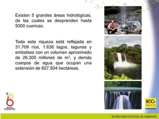 Existen 5 grandes áreas hidrológicas,
de las cuales se desprenden hasta
5000 cuencas.
Toda esta riqueza está reflejada en
31.709 ríos, 1.636 lagos, lagunas y
embalses con un volumen aproximado
de 26.300 millones de m3, y demás
cuerpos de agua que ocupan una
extensión de 607.504 hectáreas.
 