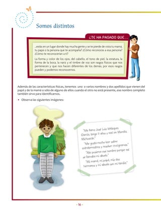 Somos distintos
                                                           ¿Te ha PASADO QUE…
                                                                            …

             …estás en un lugar donde hay mucha gente y se te pierde de vista tu mamá,
             tu papá o la persona que te acompaña? ¿Cómo reconoces a esa persona?
             ¿Cómo te reconocerían a ti?
             La forma y color de los ojos, del cabello, el tono de piel, la estatura, la
             forma de la boca, la nariz y el timbre de voz son rasgos físicos que nos
             pertenecen y que nos hacen diferentes de los demás, por esos rasgos
             pueden y podemos reconocernos.




Además de las características físicas, tenemos uno o varios nombres y dos apellidos que vienen del
papá y de la mamá o sólo de alguno de ellos cuando el otro no está presente, ese nombre completo
también sirve para identiﬁcarnos.
• Observa las siguientes imágenes:




                                                                            Velázquez
                                                     “Me llamo José Luis
                                                                          y nací en Morelia,
                                                    García, tengo 11 años
                                                    Michoacán.”
                                                                            er sobre
                                                      “Me gusta mucho le
                                                                         solver crucigramas.”
                                                    extraterrestres y re
                                                                               mbre porque así
                                                        “Me pusieron ese no
                                                                           .”
                                                     se llamaba mi abuelo
                                                                              , mis dos
                                                       “Mi mamá, mi papá
                                                                           la son mi familia..”
                                                      hermanos y mi abue




                                                • 16 •
 