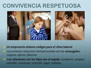 CONVIVENCIA RESPETUOSA
 Un empresario elabora códigos para el clima laboral
 Las primeras relaciones interpersonales son las conyugales:
respeto, afecto, libertad
 Las relaciones con los hijos son el espejo: compartir, aceptar,
conciliar, conversar, coincidir, jugar, trabajar.
 