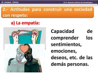 2.- Actitudes para construir una sociedad
con respeto:
Capacidad de
comprender los
sentimientos,
emociones,
deseos, etc. de las
demás personas.
III- Unidad : CÍVICA I.E.P «Nuestra Señora de Guadalupe»