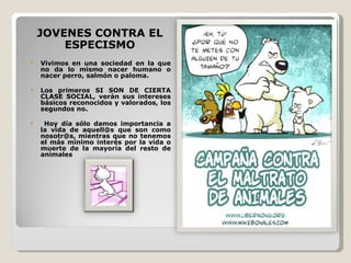 JOVENES CONTRA EL ESPECISMO Vivimos en una sociedad en la que no da lo mismo nacer humano o nacer perro, salmón o paloma.  Los primeros SI SON DE CIERTA CLASE SOCIAL, verán sus intereses básicos reconocidos y valorados, los segundos no. Hoy día sólo damos importancia a la vida de aquell@s que son como nosotr@s, mientras que no tenemos el más mínimo interés por la vida o muerte de la mayoría del resto de animales 