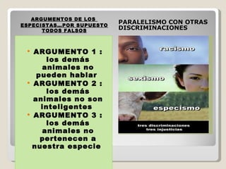 ARGUMENTOS DE LOS  ESPECISTAS…POR SUPUESTO TODOS FALSOS PARALELISMO CON OTRAS DISCRIMINACIONES ARGUMENTO 1 : los demás animales no pueden hablar  ARGUMENTO 2 : los demás animales no son inteligentes  ARGUMENTO 3 : los demás animales no pertenecen a nuestra especie  