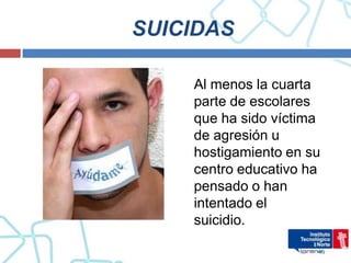 SUICIDAS

    Al menos la cuarta
    parte de escolares
    que ha sido víctima
    de agresión u
    hostigamiento en su
    centro educativo ha
    pensado o han
    intentado el
    suicidio.
 