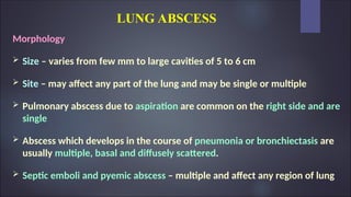 LUNG ABSCESS
Morphology
 Size – varies from few mm to large cavities of 5 to 6 cm
 Site – may affect any part of the lung and may be single or multiple
 Pulmonary abscess due to aspiration are common on the right side and are
single
 Abscess which develops in the course of pneumonia or bronchiectasis are
usually multiple, basal and diffusely scattered.
 Septic emboli and pyemic abscess – multiple and affect any region of lung
 