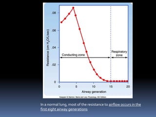 In a normal lung, most of the resistance to airflow occurs in the
first eight airway generations
 
