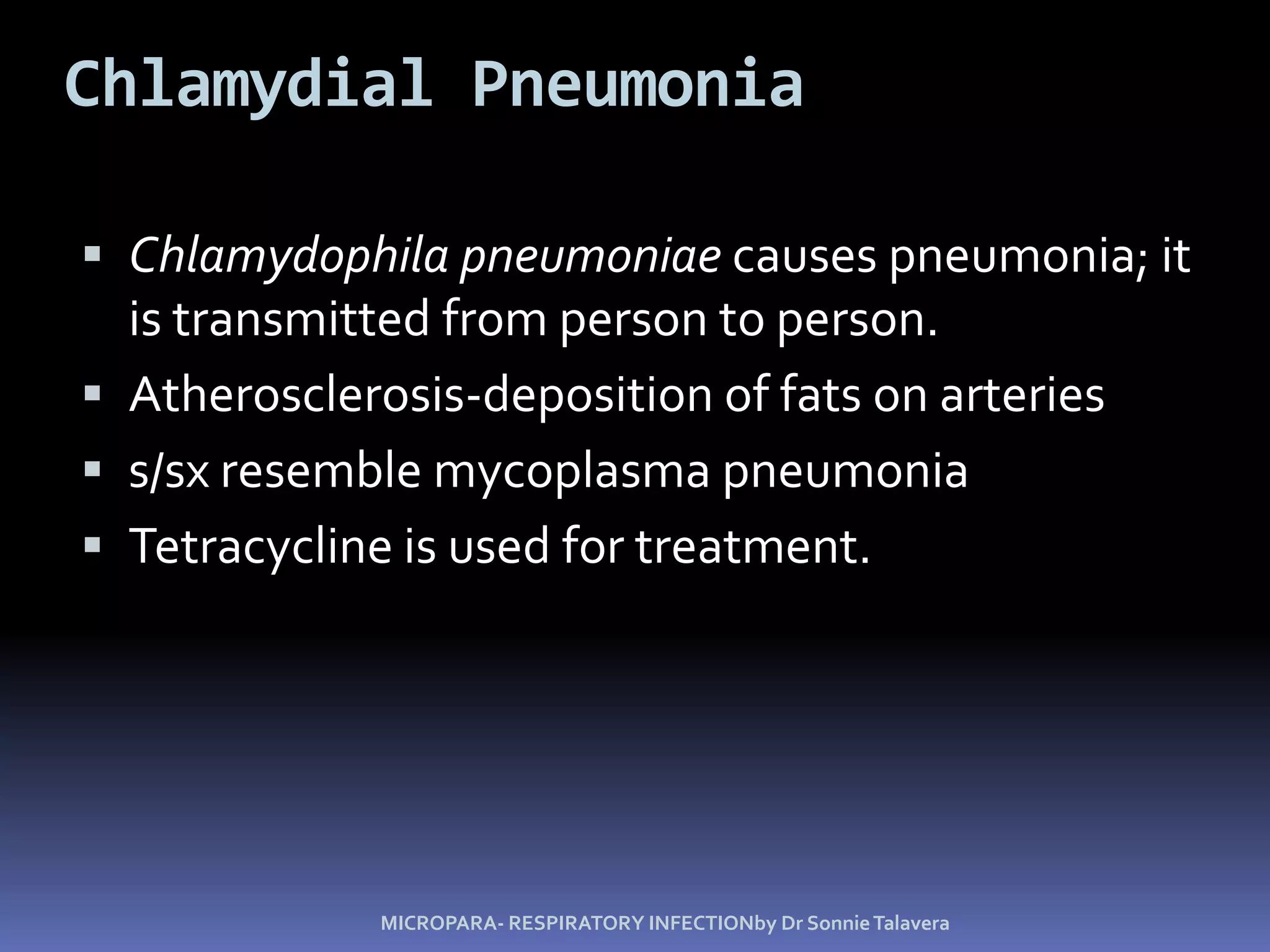 Pneumococcal pneumonia(Streptococcus pneumoniae)Gram-positive diplococcusEncapsulated (>80 serotypes)Susceptible populationElderlyPreviously illPhagocytic dysfunction (e.g., asplenic, sickle cell)Also cause meningitis, otitis mediaSensitive to optichin; autolysis by bile