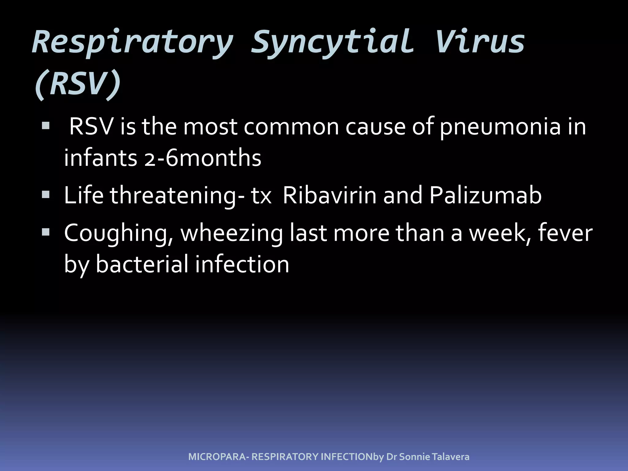 LegionellosisThis pneumonia does not appear to be transmitted from person to person.Bacterial culture, FA tests, and DNA probes are used for laboratory diagnosis. Prevention : Copper Ionizing procedureTreatment : Erythromycin, some macrolides like AzithromycinMICROPARA- RESPIRATORY INFECTIONby Dr Sonnie Talavera