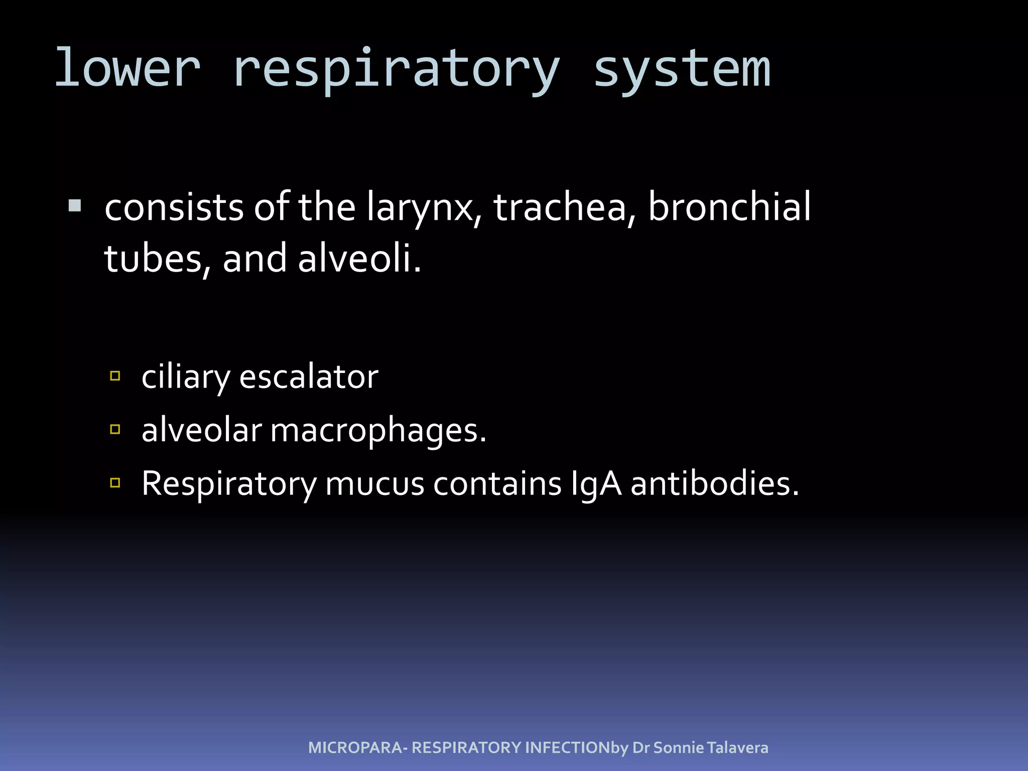 lower respiratory system consists of the larynx, trachea, bronchial tubes, and alveoli.ciliary escalatoralveolar macrophages.Respiratory mucus contains IgA antibodies.MICROPARA- RESPIRATORY INFECTIONby Dr Sonnie Talavera