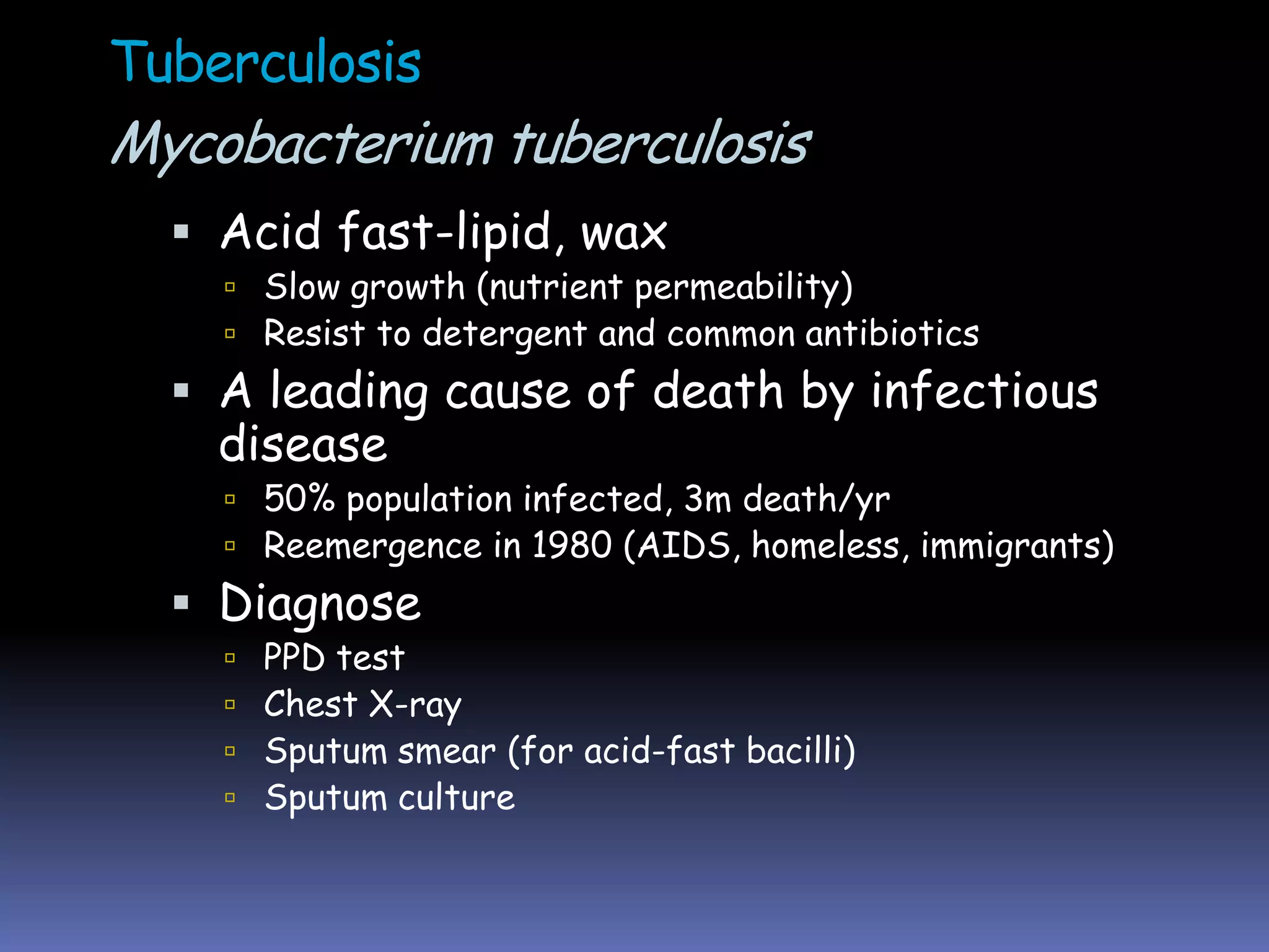 SituationerLeading causes of death world wideUp to a half of world’s population infected, 95% in developing countries8 million people get TB every year(WHO fact sheet 2007)