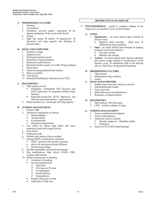 Medical and Surgical Nursing
Respiratory System Lecture Notes
Prepared by: Mark Fredderick R. Abejo RN,, MAN


                                                                                        RESTRICTIVE LUNG DISEASE
     A.   PREDISPOSING FACTORS
          1. Smoking                                                     V.   PNEUMOTHORAX – partial or complete collapse of the
          2. Air pollution                                                    lungs due to accumulation of air in pleural space
          3. Hereditary: involves alpha-1 antitrypsin  for
             elastase production  for recoil of the alveoli                  A.   TYPES
          4. Allergy                                                               1. Spontaneous – air enters pleural space without an
          5. High risk group  elderly  degenerative                                obvious cause
             decreased vital lung capacity and thinning of                                Ruptured blebs (alveolar – filled sacs) 
             alveolar lobes                                                                inflammatory lung conditions
                                                                                   2. Open – air enters pleural space through an opening
     B.   SIGNS AND SYMPTOMS                                                          in pleural wall (most common)
          1. Productive cough                                                             Gun shot wounds
          2. Dyspnea at rest                                                              Multiple stab wounds
          3. Prolonged expiratory grunt                                            3. Tension – air enters pleural space during inspiration
          4. Resonance to hyperresonance                                              and cannot escape leading to overdistention of the
          5. Decreased tactile fremitus                                               thoracic cavity  mediastinal shift to the affected
          6. Decreased breath sounds ( if (-) BS  lung collapse)                     side (ie. Flail chest)  paradoxical breathing
          7. Barrel chest
          8. Anorexia and generalized body malaise                            B.   PREDISPOSING FACTORS
          9. Rales or crackles                                                     1. Chest trauma
          10. Alar flaring                                                         2. Inflammatory lung condition
          11. Pursed-lip breathing (to eliminate excess CO2)                       3. tumors
                                                                              C.   SIGNS AND SYMPTOMS
     C.   DIAGNOSTICS                                                              1. Sudden sharp chest pain, dyspnea, cyanosis
          1. ABG analysis reveal                                                   2. Diminished breath sounds
                Panlobular, centrilobular PO2 elevation and                       3. Cool, moist skin
                 PCO2 depression  respiratory acidosis (blue                      4. Mild restlessness and apprehension
                 bloaters)                                                         5. Resonance to hyperresonance
                Panacinar/centriacinar PCO2 depression and
                 PO2 elevation (pink puffers – hyperaxemia)                   D.   DIAGNOSTICS
          2. Pulmo function test – decreased vital lung capacity                   1. ABG analysis: PO2 decreased
                                                                                   2. CXR – confirms collapse of lungs
     D.   NURSING MANAGEMENT
          1. Enforce CBR                                                      E.   NURSING MANAGEMENT
          2. Administer medications as ordered                                     1. Assist in endotracheal intubation
                  Bronchodilators                                                 2. Assist in thoracentesis
                  Antimicrobials                                                  3. Administer meds as ordered
                  Corticosteroids                                                        Narcotic analgesics – Morphine sulfate
                  Mucolytics/expectorants                                                Antibiotics
          3. Low inflow O2 admin; high inflow will cause                           4. Assist in CTT to H20 sealed drainage
              respiratory arrest and oxygen toxicity
          4. Force fluids
          5. Pulmonary toilet
          6. Nebulize and suction client as needed
          7. Institute PEEP in mechanical ventilation
                  PEEP – positive end expiratory pressure
                  allows for maximum alveolar diffusion
                  prevent lung collapse
          8. Provide comfortable and humid environment
          9. Diet modifications: high calorie, CHON, CHO,
              vitamins and minerals
          10. Health teaching and d/c planning
                  Avoidance of smoking
                  Prevent complications
                    Atelectasis
                    CO2 narcosis  coma
                    Cor pulmonale
                    Pleural effusion
                    Pneumothorax
                  Regular adherence to meds
                  Importance of ffup care



MS                                                                  19                                                               Abejo
 